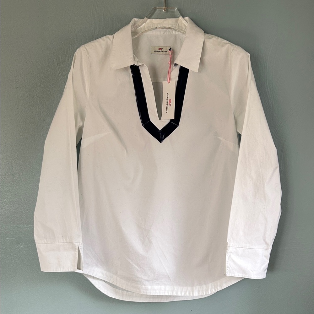 Vineyard Vines Velvet Trim White Cotton Popover Blouse Sz Small NWT $108